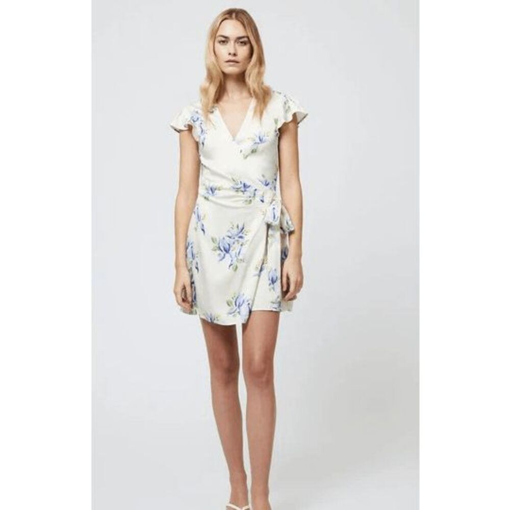 French Connection Women's Size 8 Cream Pale Iris Ennis Vivian Satin Wrap Dress